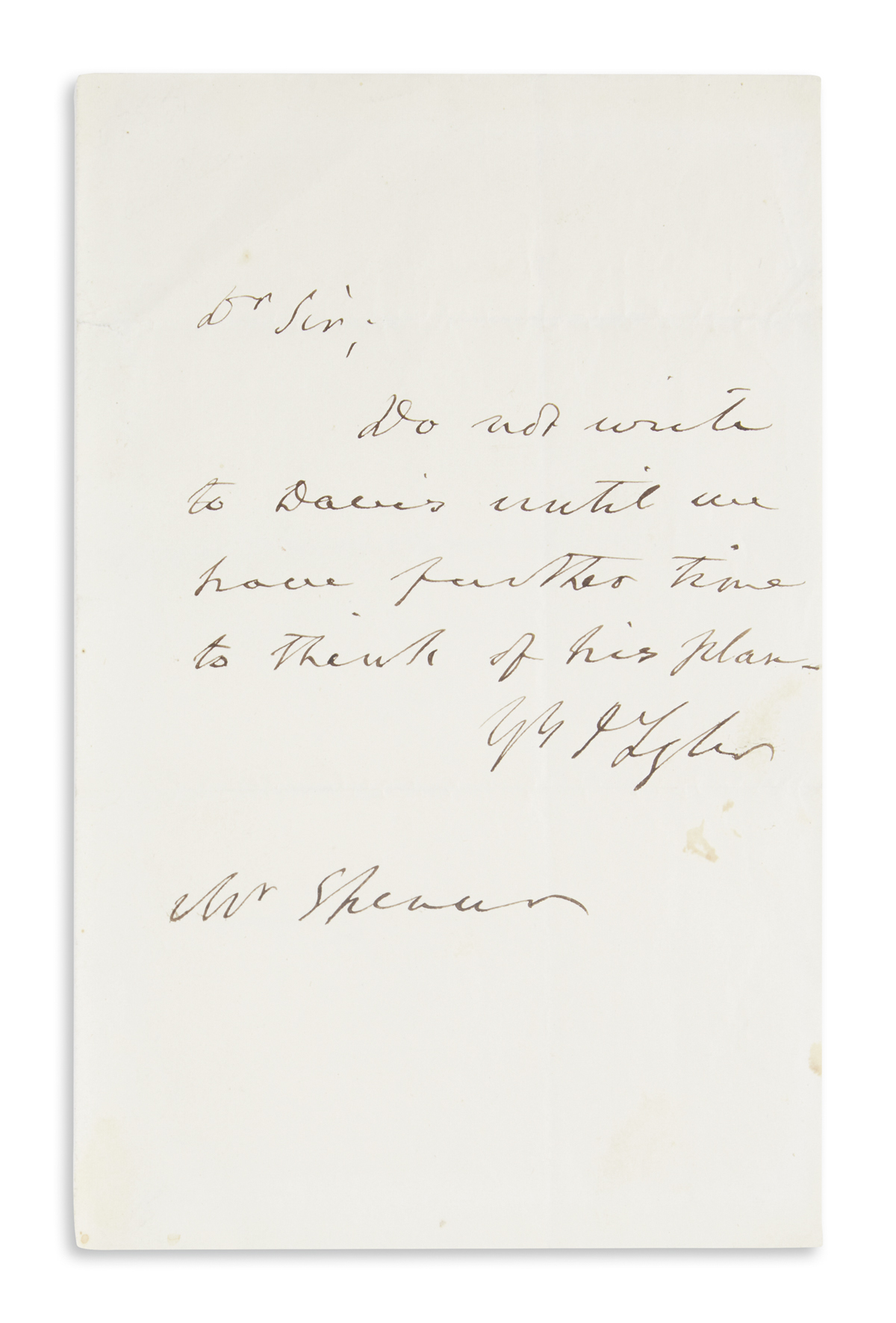 TYLER, JOHN. Autograph Note Signed, JTyler, to Mr. [John Canfield?] Spencer: